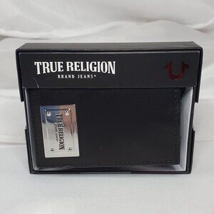 True Religion Mens Black Leather Wallet Trifold RFID Protection & Gift Box